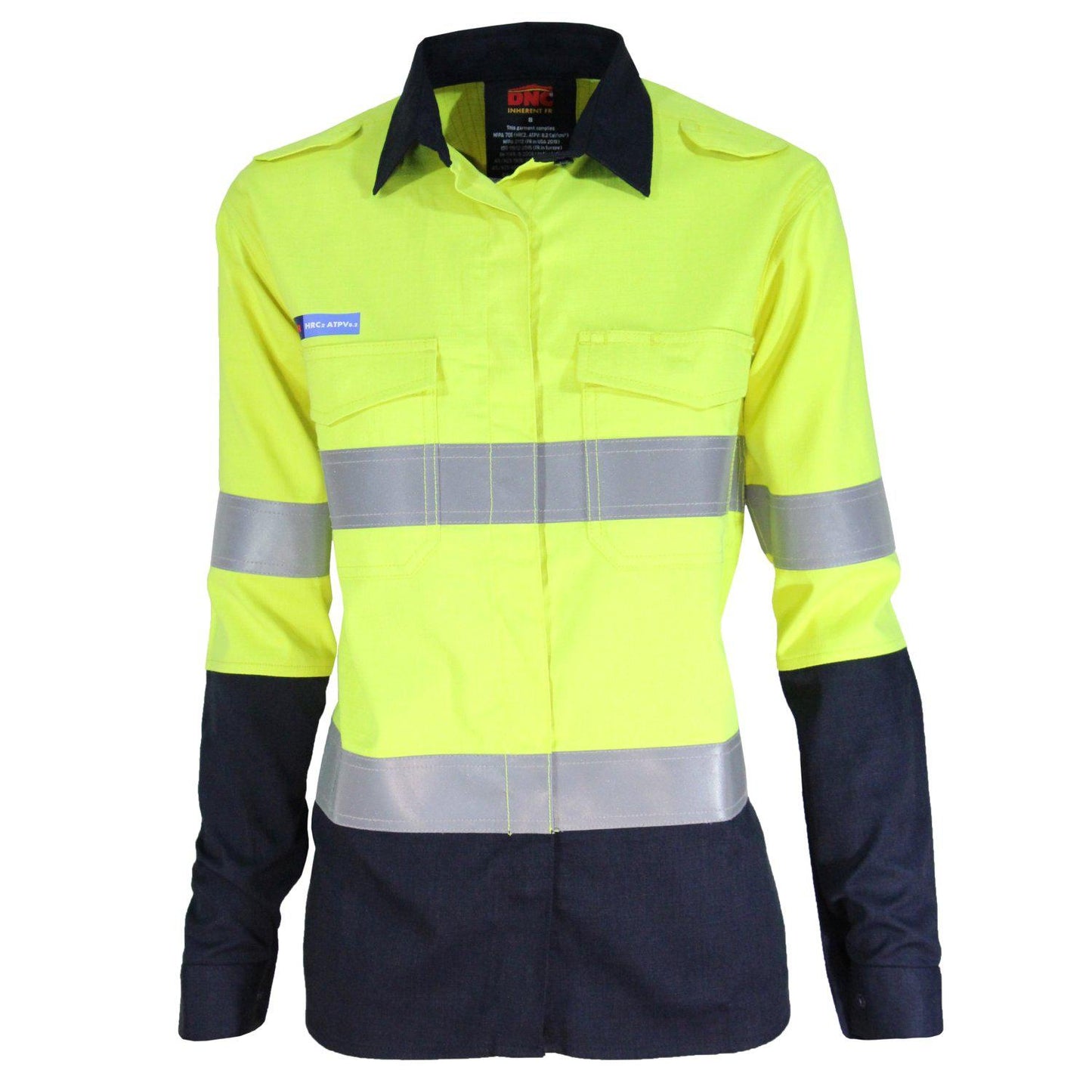 DNC Taped HiVis Flame Retardant & Arc Rated HRC2 2-Tone Long Sleeve Womens Shirt - 3457 | Womens Workwear